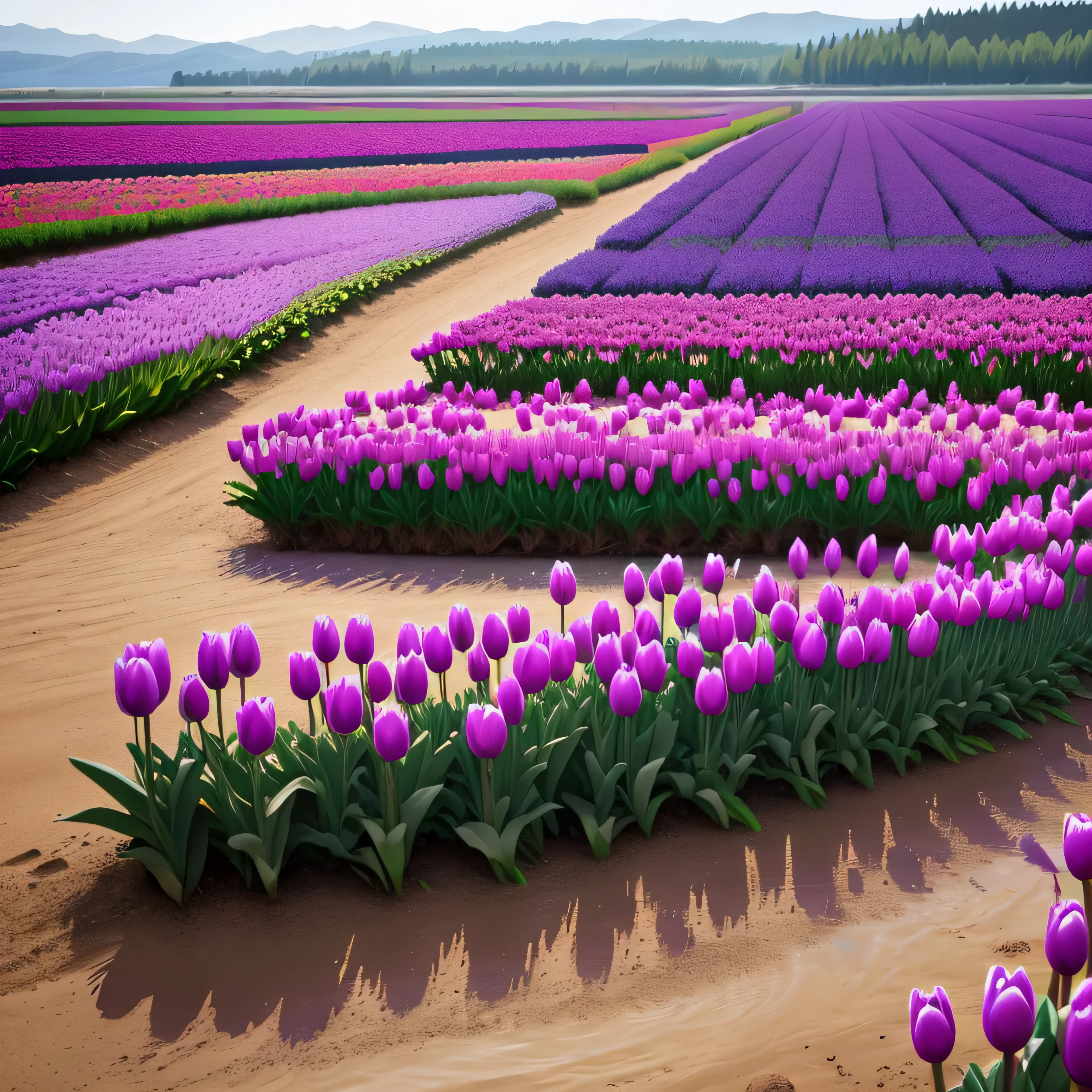 purple tulip flower field in the lake