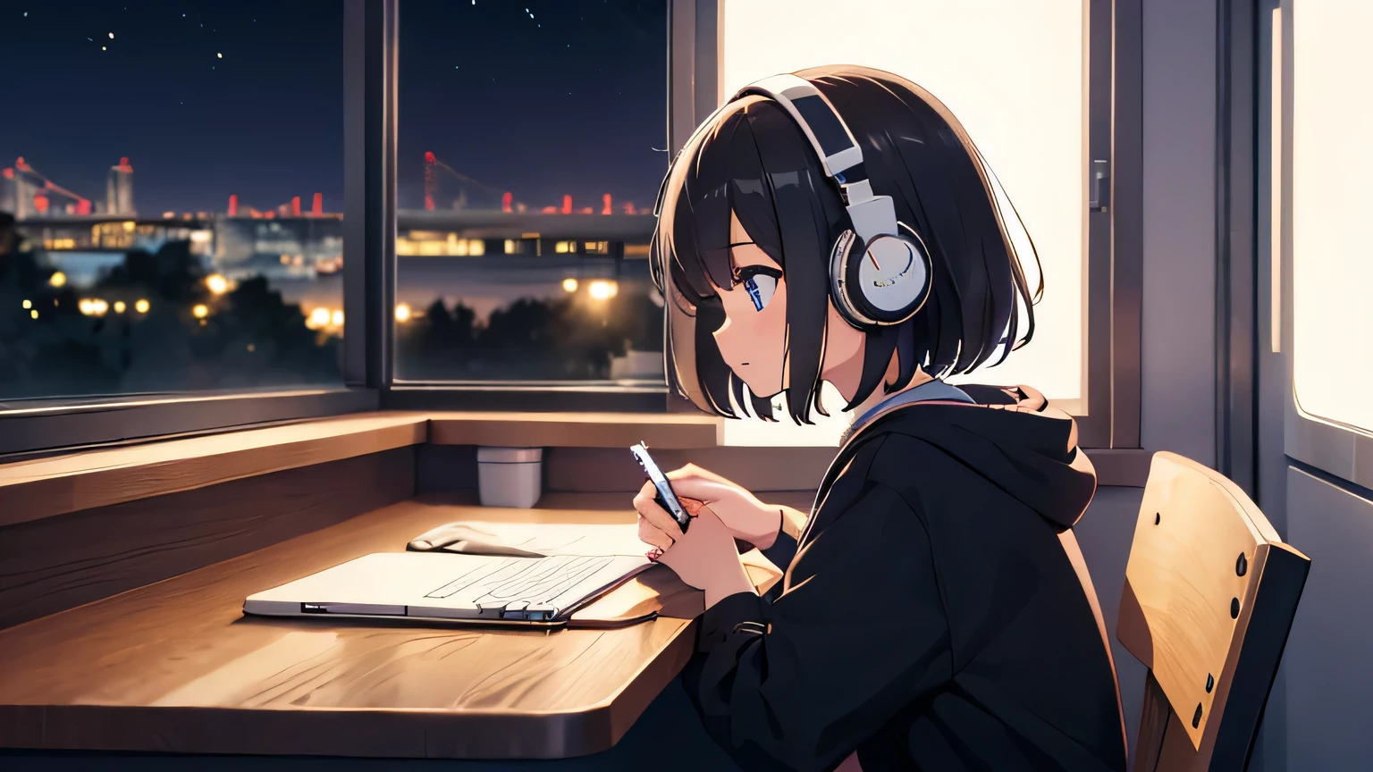 midnight、in the room、Night view outside the window、young girl、wearing headphones、Let&#39;s concentrate and study at our desks.、Notebook on desk、There is only a small light from the desk in the room、Side view