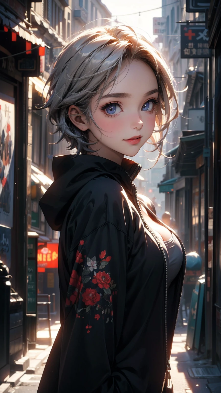 (masterpiece, High resolution, highest quality), ((20 year old woman, Composition from head to stomach, upper body focus)), smile, detailed eyes, Zippered hoodie, Asymmetrical punk short hair:1.2, ash gray hair, A little exposed cleavage, A deserted back alley in Paris:1.3, cinematic lighting, anime style, simple lines, digital painting
