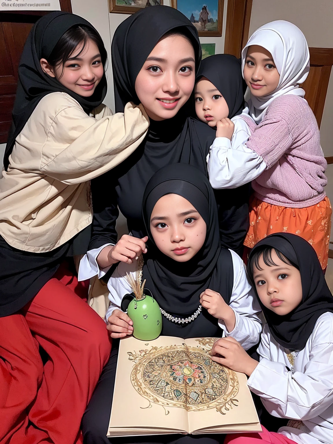 foto keluarga indonesia, empat anggota, satu ayah usia  35 tahun, satu ibu usia 33 tahun, satu anak perempuan usia 10 tahun dan satu anak laki-laki usia 2 tahun. mereka kompak memakai baju muslim khas melayu warna cokelat mewah dan gamis sharia warna yang sama dan selaras, foto studio, ruang tamu cerah, pencahayaan siang, dinding dengan seni grafiti bertuliskan selamat lebaran idul Fitri, seni Doodle ketupat, bulan bintang, realistik.