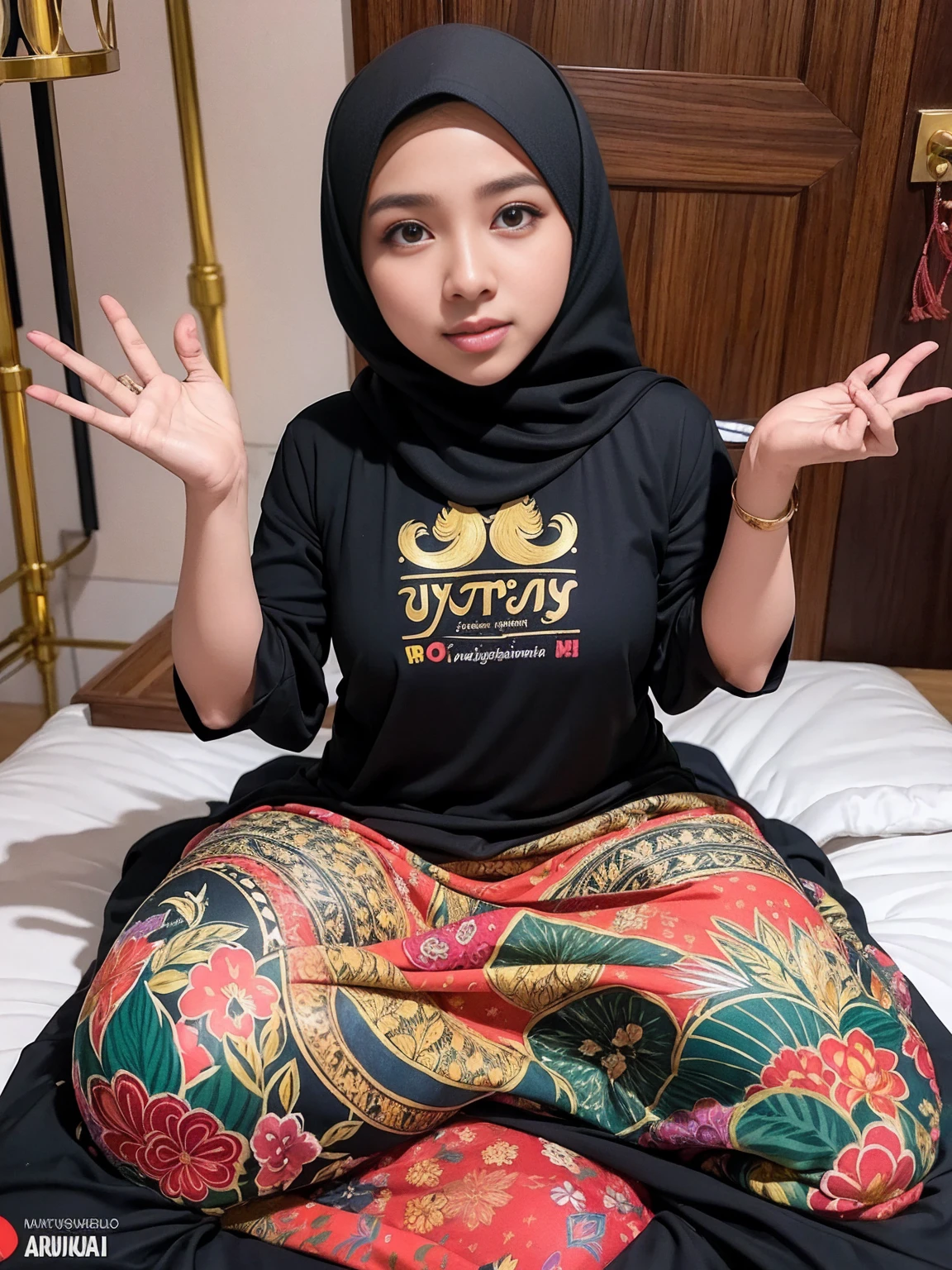 foto keluarga indonesia, empat anggota, satu ayah usia 35 tahun, satu ibu usia 33 tahun, satu anak perempuan usia 10 tahun dan satu anak laki-laki usia 2 tahun. mereka kompak memakai baju muslim khas melayu warna cokelat mewah dan gamis sharia warna yang sama dan selaras, foto studio, ruang tamu cerah, pencahayaan siang, dinding dengan seni grafiti bertuliskan selamat lebaran idul Fitri, seni Doodle ketupat, bulan bintang, realistik.