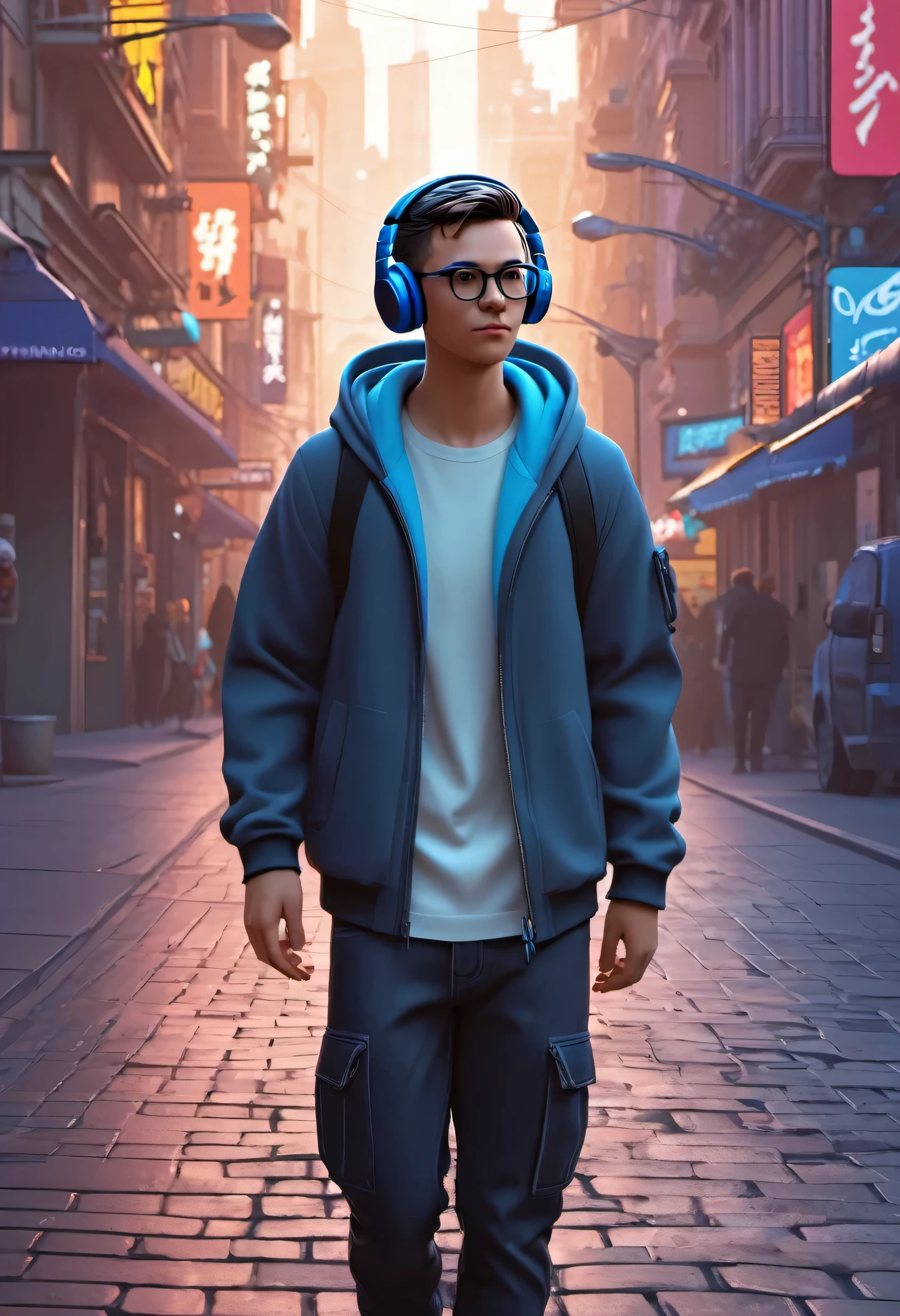 A cartoon male figure,  wearing casual stylish clothes, modern, wearing headphones, glasses, i boy ,animation, disney pixels, render manrenderer  , disney pixer ,high quality, 8k,cyberpunk, city street