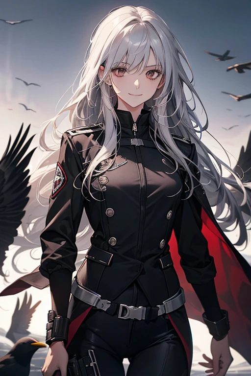 (confused, High resolution, Super detailed), 1 female, silver hair,long hair,reddish brown eyes,black pilot jacket,Black and white suit,20th generation,Beautiful woman,shy smile,thin,Are thin,quiet,Calm,Carrying a white raven,Accompanied by many white crows,