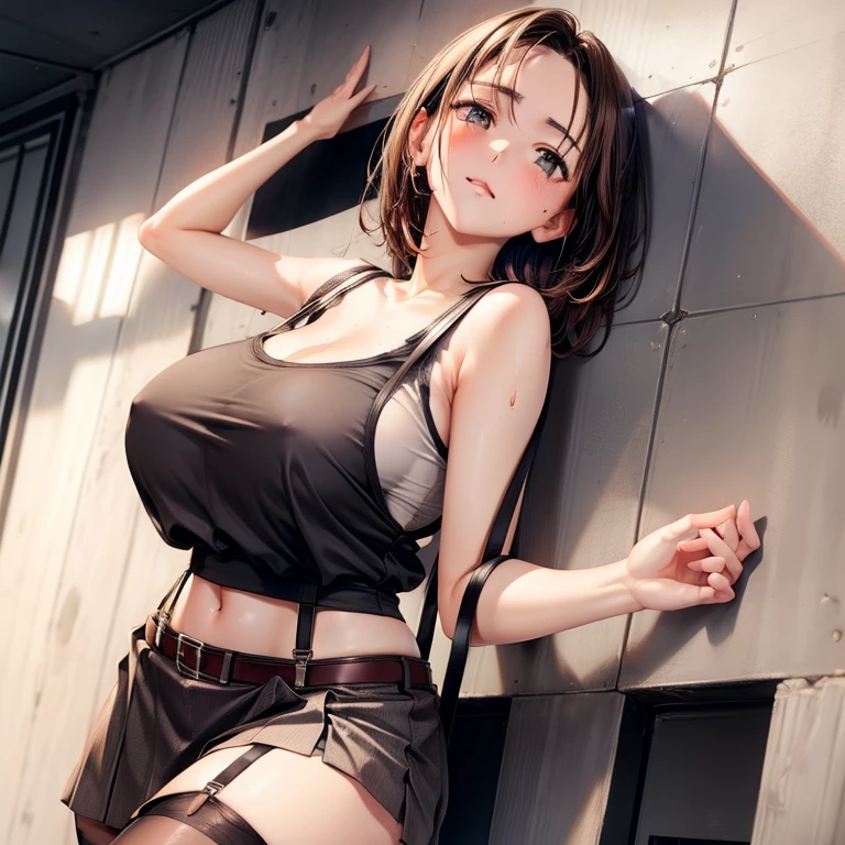 big breasts suspenders Garter black stockings Armpit sweating short skirt brown hair gray eyes Futomo on your stomach tight tank top hands behind head Surrender of the belt back wall