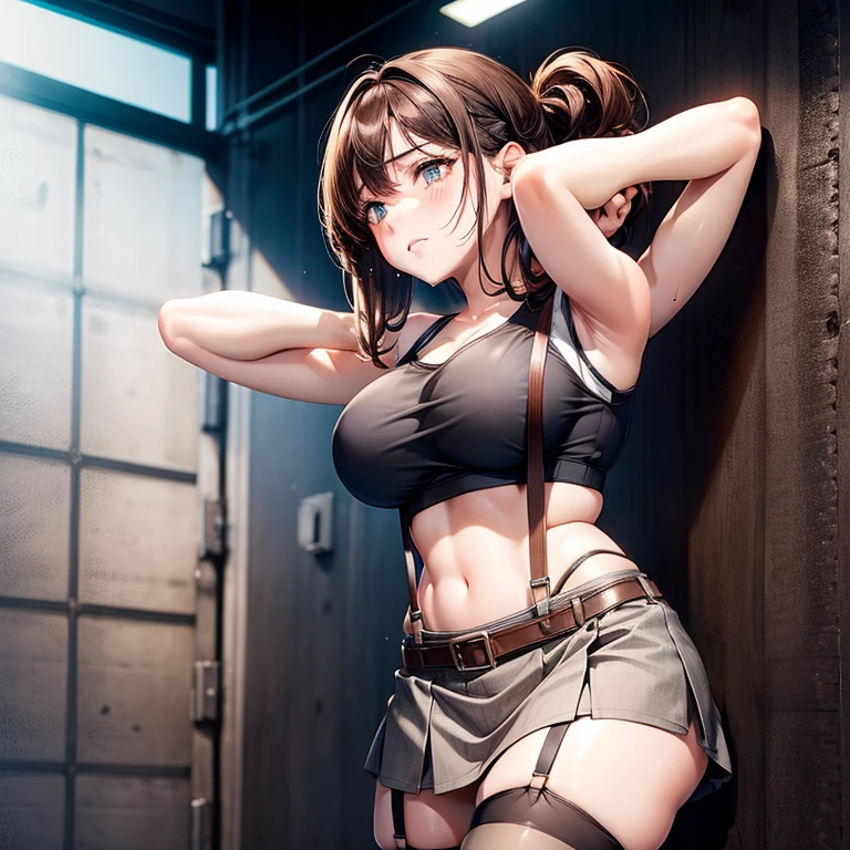 big breasts　　　suspenders　　Garter　　　black stockings　　　Armpit sweating　short skirt　brown hair　gray eyes　　Futomo　on your stomach　tight tank top　hands behind head　Surrender of the belt　　　back wall