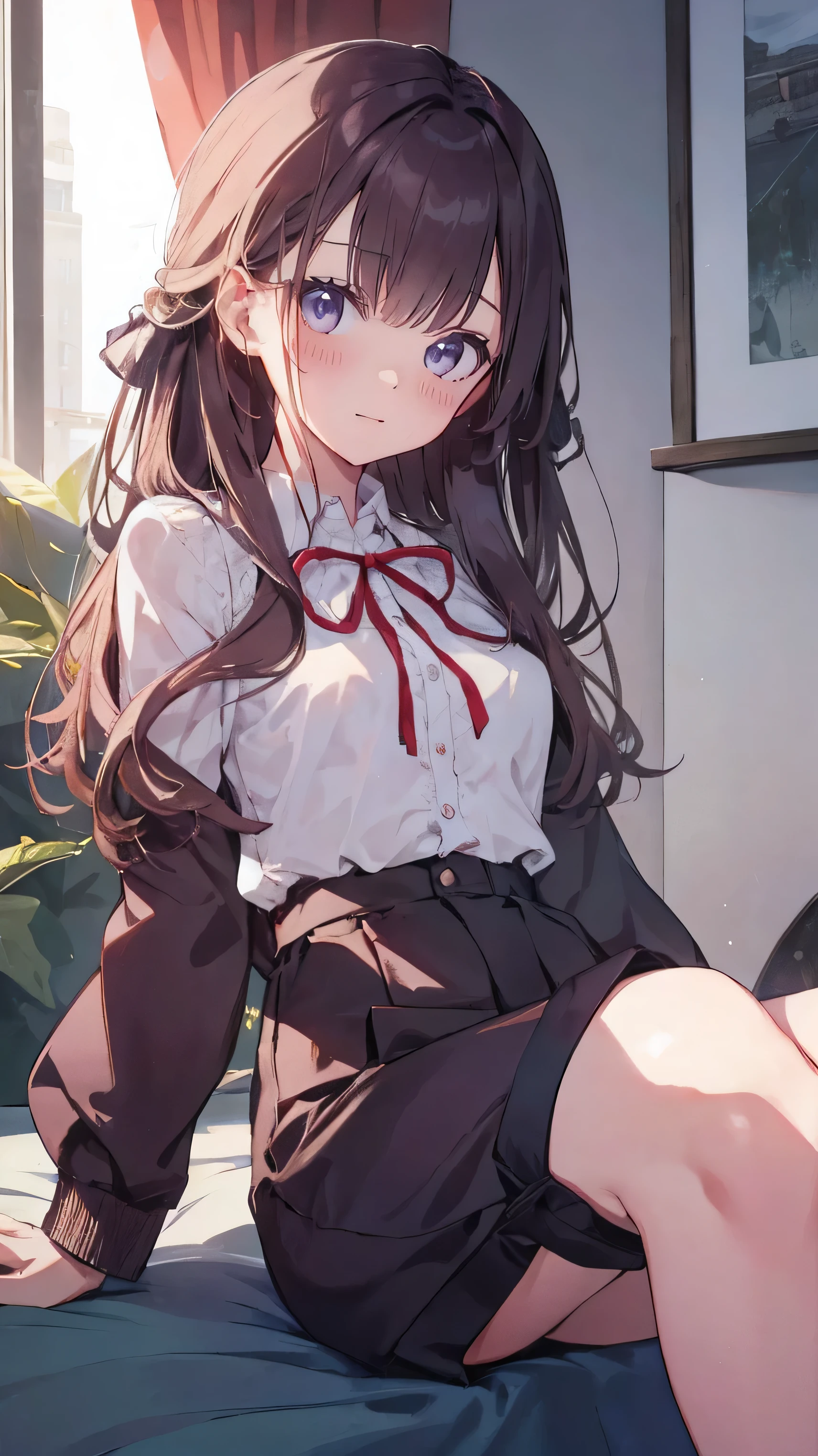 master piece、Highest image quality、highest quality、 ((panic))、glossy hair quality、small face、sitting、Super detailed and beautiful bright eyes、Super detailed clear and beautiful face、(cute illustration:1.2), High-resolution, ultra-detailed, best quality, embarrassed、(Gaps in shorts)、(cute underwear)