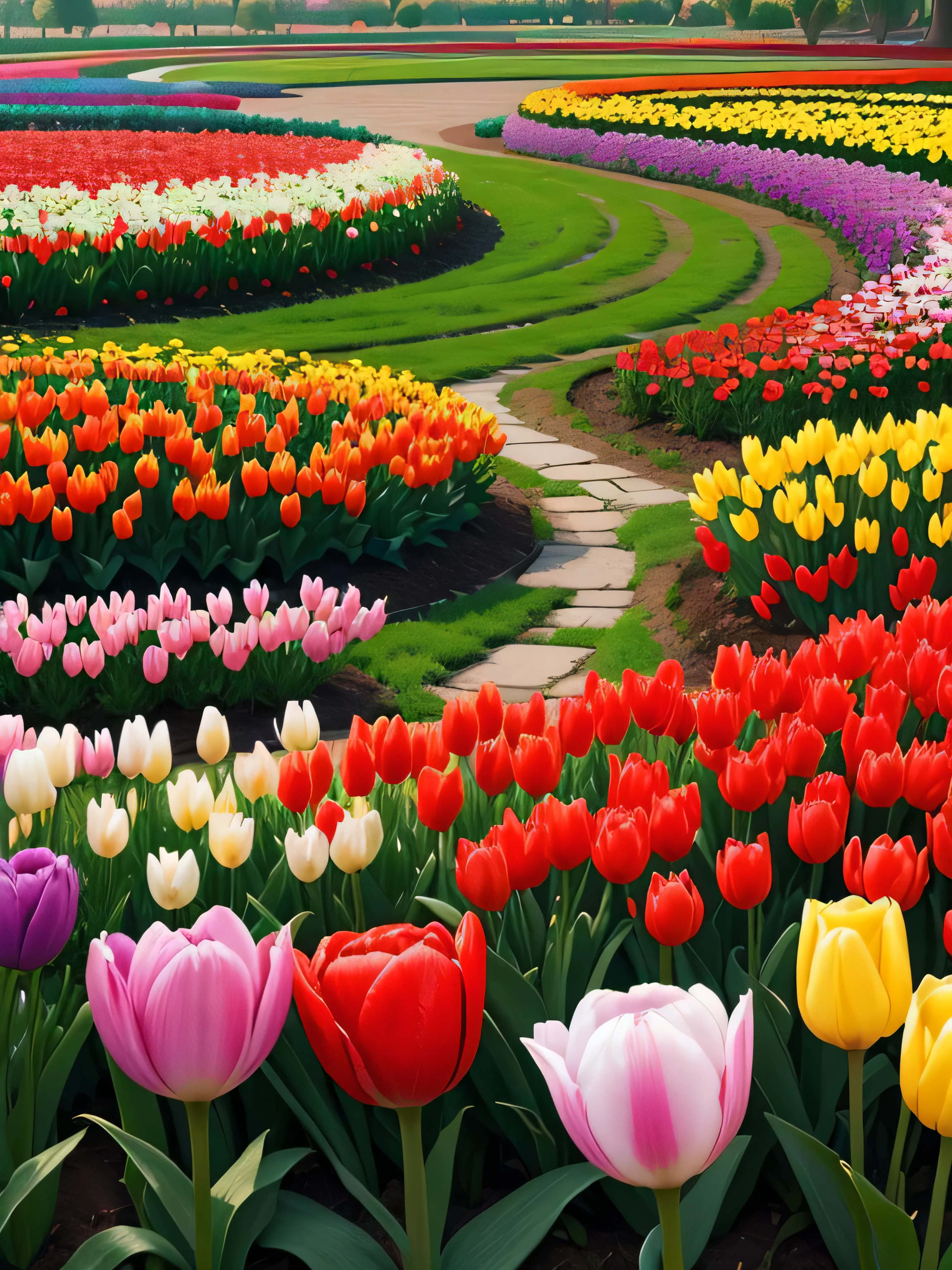 flower garden (bloom), colorful flowers, tulip, super detailed, high quality, 8K resolution