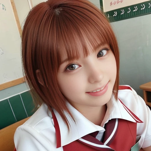 "(best quality, high resolution, tabletop, wallpaper, (realistic:1.25), bright lighting, professional lighting, face light, smooth lighting, Japanese girl, adult, beautiful girl, action, gravure, sexy, slender, incredibly beautiful, very beautiful detailed eyes, detailed face, slim, very short fluffy hair, (red hair color:1.2), clear eyes, look into the camera, ecstasy, orgasm, erotic, close-up of the face, smile,(Junior High School uniform:1.5))"