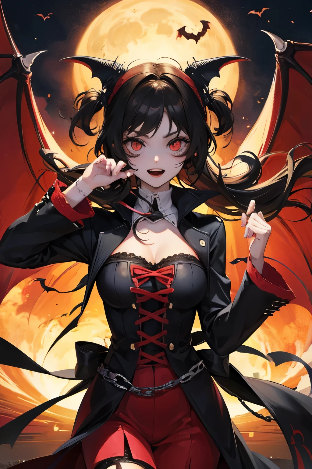 (masterpiece), 1girl, medium breasts, crimson sky, red crimson moon, vampire, bat, womb tattoo, dress, gothic, blood, tongue, fang, (blood, blood on face:1.3)
