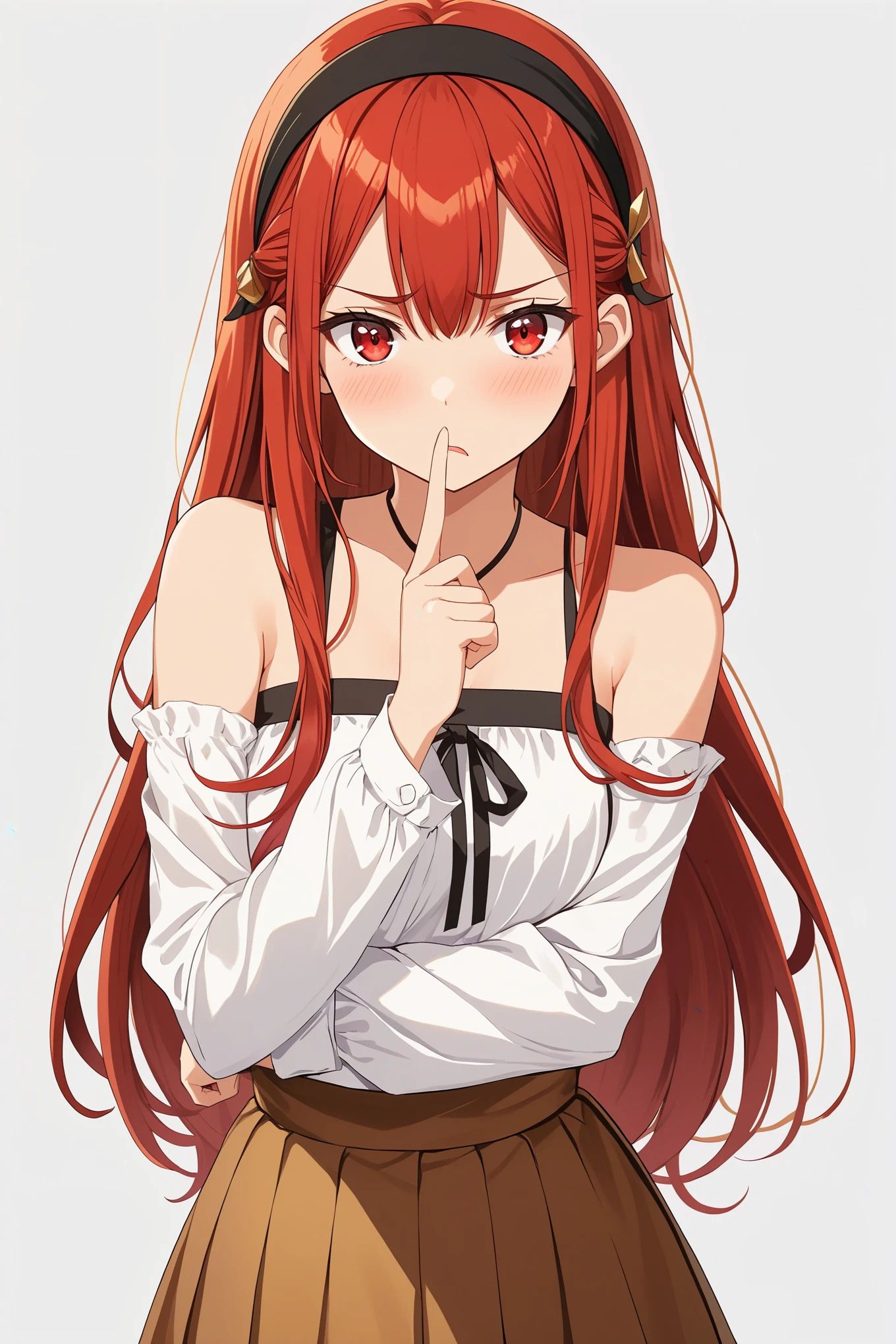 Eris Greyrat, 1 girl, alone, long hair, ahog, Red eyes, Red hair, bare shoulders,Headband, arms crossed,blush, skirt, black Headband, breast, Separate sleeves,Bangs, hair between eyes, long sleeve, Hair piece, Keep your mouth shut, black skirt, brown skirt, shirt, crossed Bangs, very long hair, white shirt,biocenosis,Pointing at oneself,cry,angry, 