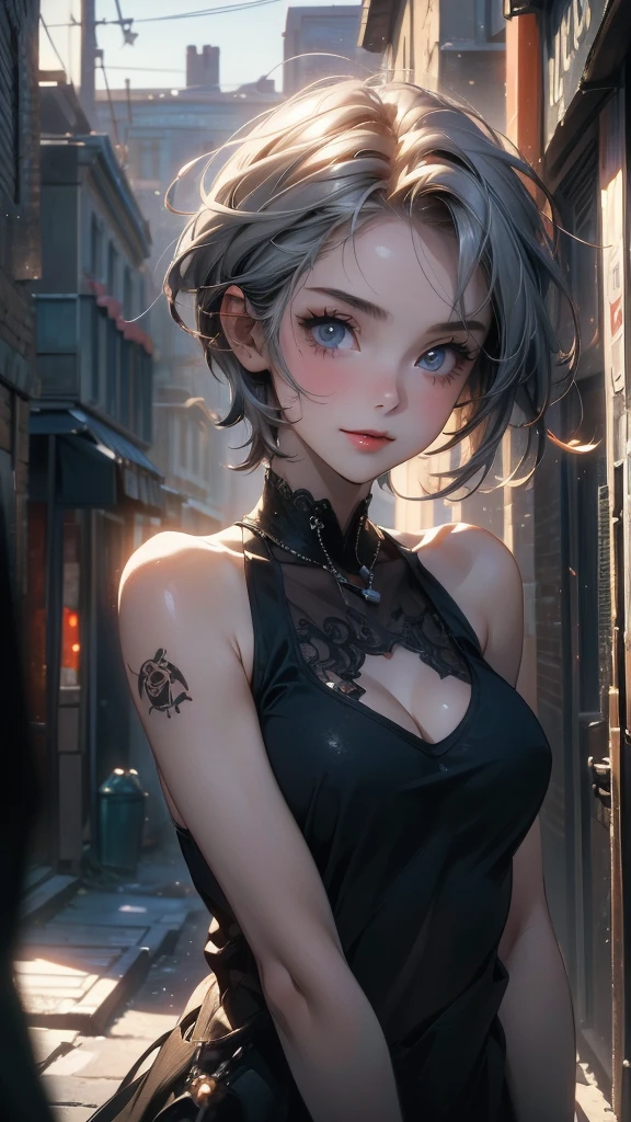 (masterpiece, High resolution, highest quality), ((20 year old woman, Composition from head to stomach, upper body focus)), smile, detailed eyes, Tank top, Asymmetrical punk short hair:1.2, ash gray hair, A little exposed cleavage, A deserted back alley in Paris:1.3, cinematic lighting, anime style, simple lines, digital painting