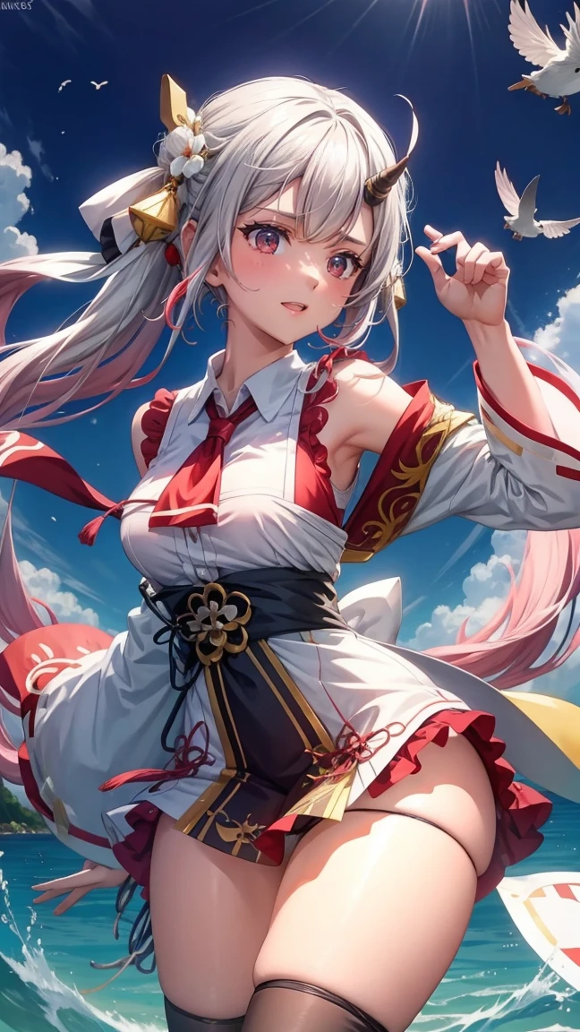 Anime girl white dress, cute anime waifu in a nice dress, azur lane style, Guweiz in Pixiv ArtStation, trending on artstation pixiv, Guweiz on ArtStation Pixiv, Anime goddess, onmyoji, trending on cgstation, style of anime4 K, Guviz, perfect body, perfect breast,((Best quality, 8k, Masterpiece :1.3)), Sharp focus :1.2, lewd face and holding condoms,((hand between leg)), wear legs,fishnet stockings, undressing pantie,pulled by self,((panty pull))