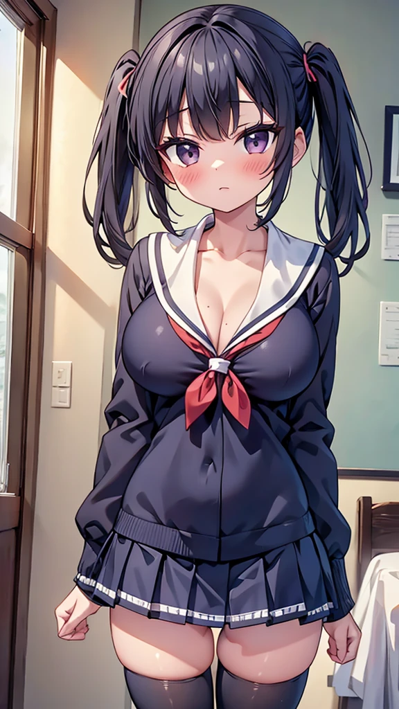 highest quality,wonderful,finely,extremely detailed CG Unity 8K wallpaper, (sex from behind:1.2), (1 girl, black hair,twin tails, clothed),(huge breasts:1.1),(Sailor swimsuit:1.1), (zettai ryouiki:1.4)