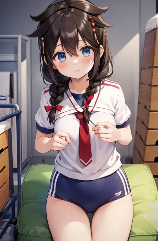 gym storeroom, shigure, ahoge, brown hair, blue eyes, braid, hair ornament, hair over shoulder, long hair, single braid, hair flaps, (masterpiece, best quality:1.2), illustration,8k,hd,long hair, single braid