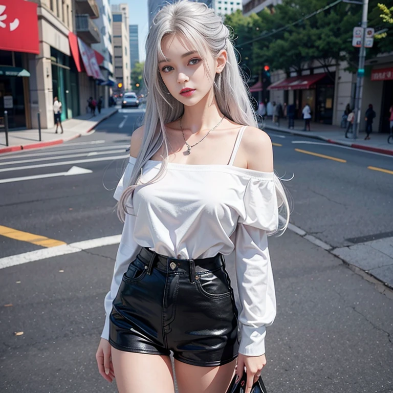 Urban beautiful girl college student, Masterpiece, Light makeup, red lips, silver hair, long messy hair, road background, beautiful, elegant. Very detailed details, Original work, real texture, Realism of cinematic lighting, perfect job, 8k, HD, Exquisite appearance, Tight white off-the-shoulder shirt, Clear white tight shorts, Slim shape, big bright eyes, smooth skin, earring, necklace, tattoo, fit clothes,
