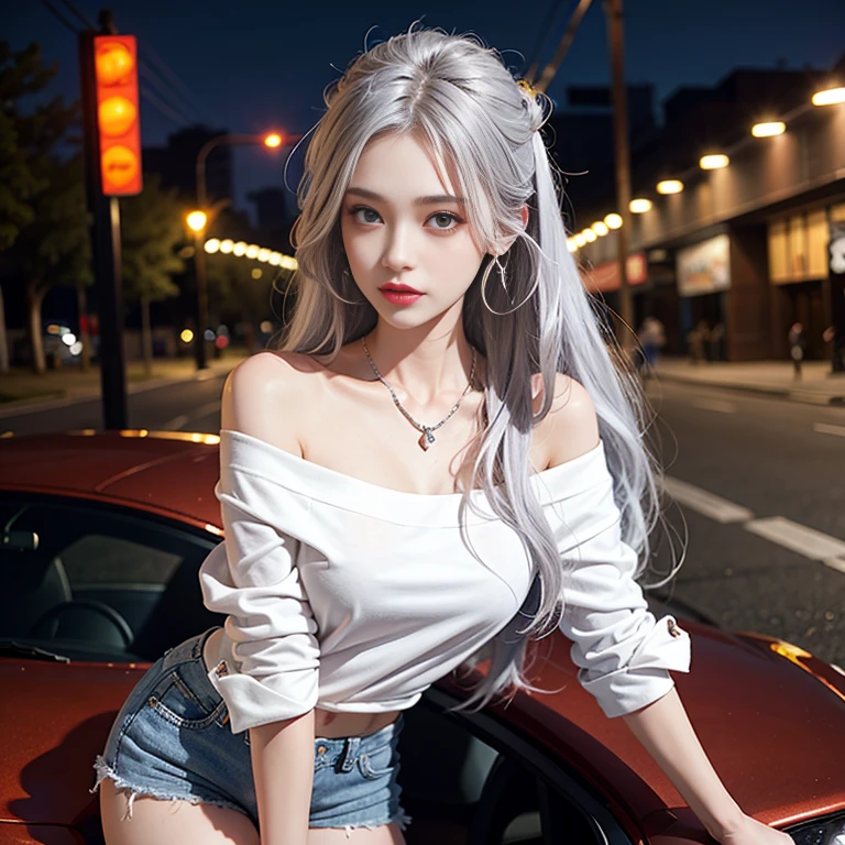 Urban beautiful girl college student, Masterpiece, Light makeup, red lips, silver hair, long messy hair, road background, beautiful, elegant. Very detailed details, Original work, real texture, Realism of cinematic lighting, perfect job, 8k, HD, Exquisite appearance, Tight white off-the-shoulder shirt, Clear white tight shorts, Slim shape, big bright eyes, smooth skin, earring, necklace, tattoo, fit clothes,