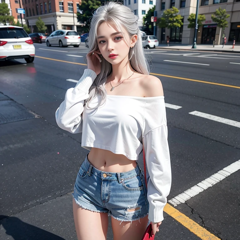 Urban beautiful girl college student, Masterpiece, Light makeup, red lips, silver hair, long messy hair, road background, beautiful, elegant. Very detailed details, Original work, real texture, Realism of cinematic lighting, perfect job, 8k, HD, Exquisite appearance, Tight white off-the-shoulder shirt, Clear white tight shorts, Slim shape, big bright eyes, smooth skin, earring, necklace, tattoo, fit clothes,