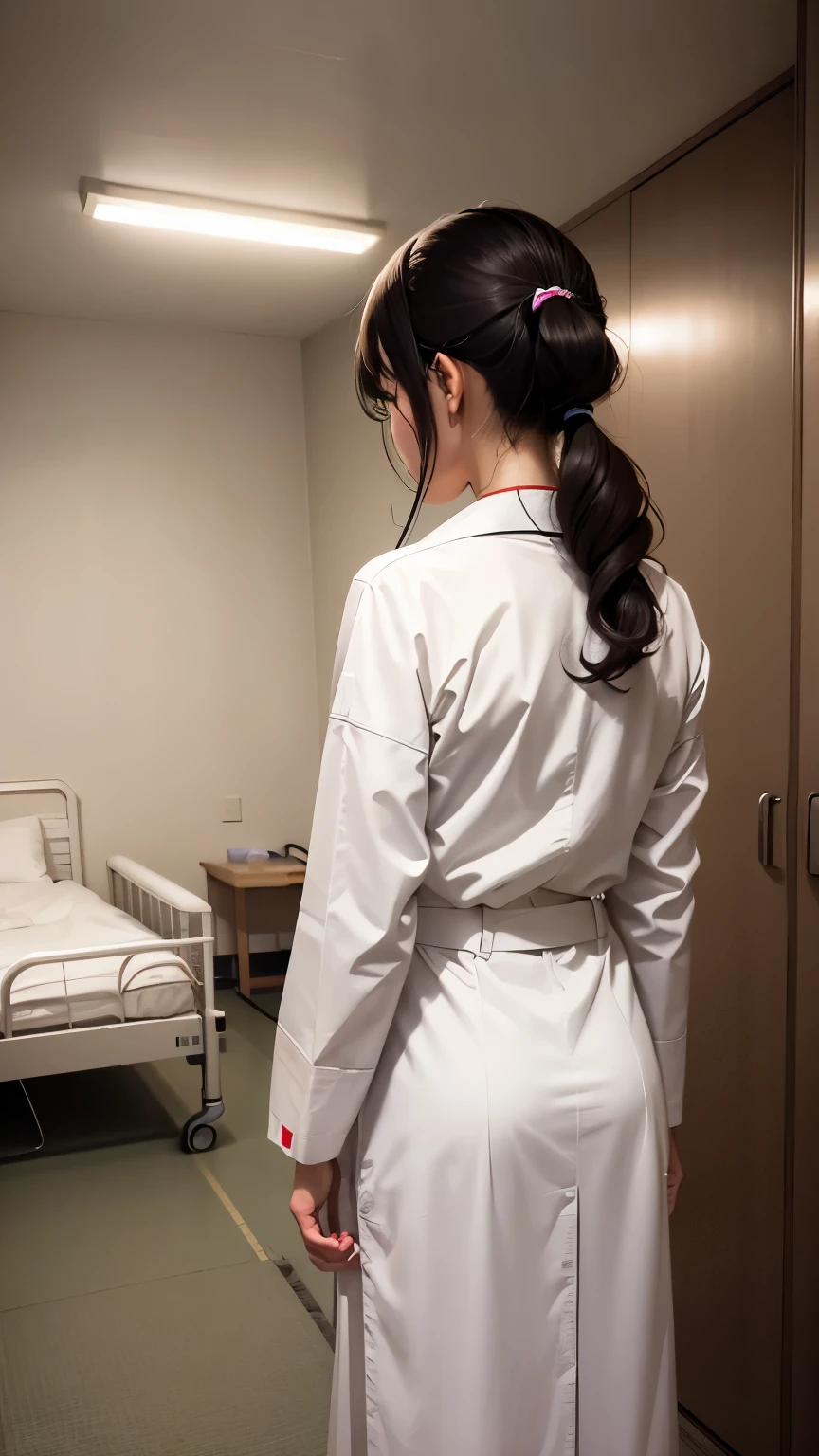 hospital room　、A Japanese woman in a white nurse uniform standing next to a patient&#39;s bed、　back view、　night
