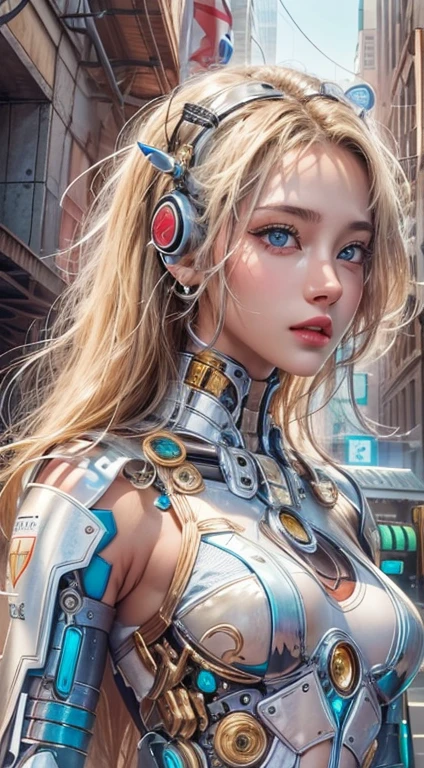 realistic, Realistic picture,Masterpiece,high resolution, woman ,With blue eyes, look at the audience., (detailed face), With blue eyes,blonde hair, cybernetic robot,White body/metallic red/gold color,(The details of the outfit were perfect..) The background is a deserted city..
