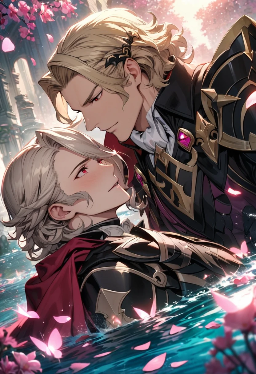 absurdres, highres, ultra detailed, HDR, master piece, best quality, Xander, blond hair, Fire emblem fates, Corrin, white short hair, 2men together, gay couple, extremely handsome, expressive red eyes, pink petals, pink butterflies, pink flowers, water, black armor, red cape