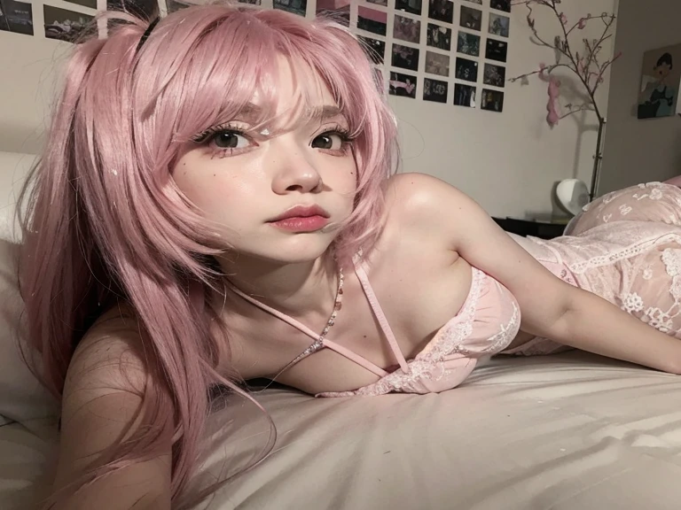 araffe with pink hair laying on a bed with a teddy bear, belle delphine, with pink hair, anime vibes, pink girl, asian girl, long pointy pink nose, cute girl with short pink hair, smooth pink skin, anime inspired, ahegao face, pink straight hair, pink twintail hair and cyan eyes, anime girl in real life