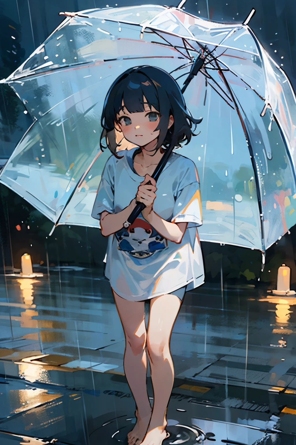 ((best quality)), ((masterpiece)), (detailed), Perfect face, 2D big sister shirt, rainy day barefoot full body picture shy