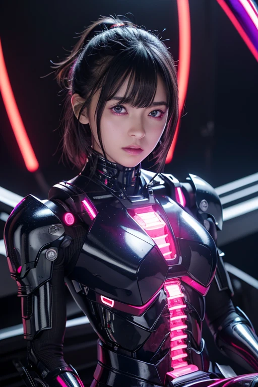 Top Quality, Masterpiece, Ultra High Resolution, (Photorealistic: 1.4), Raw Photo, 1 Girl, Black Hair, Glossy Skin, 1 Mechanical Girl, (Ultra Realistic Detail)), Portrait, Global Illumination, Shadows, Octane Rendering, 8K, Ultra Sharp, Big, Cleavage Exposed Raw Skin, Metal, Intricate Ornament Details, Japan Details, Very intricate details, realistic light, CGSoation trend, purple eyes, glowing eyes, facing the camera, neon details, mechanical limbs, blood vessels connected to the tube, mechanical vertebrae attached to the back, mechanical cervical attachment to the neck, sitting, wires and cables connecting to the head, gundam, small LED lamps,