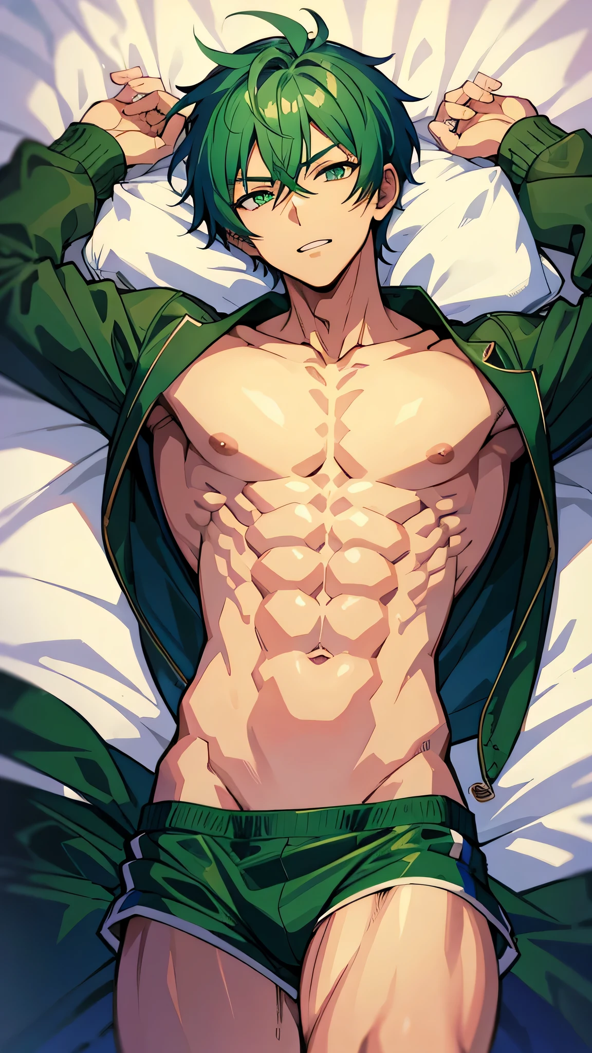 Anime guy without top Muscular with 6 pack abs With green hair Lying on the bed