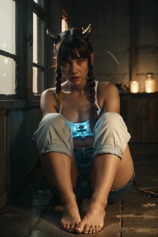 young devil woman, red skin, small white horns on her head, yellow glowing eyes, dark blue hair with a short bangs and long braids, photorealistic, full body, black pants and top, bare feet hyperrealism, 8k