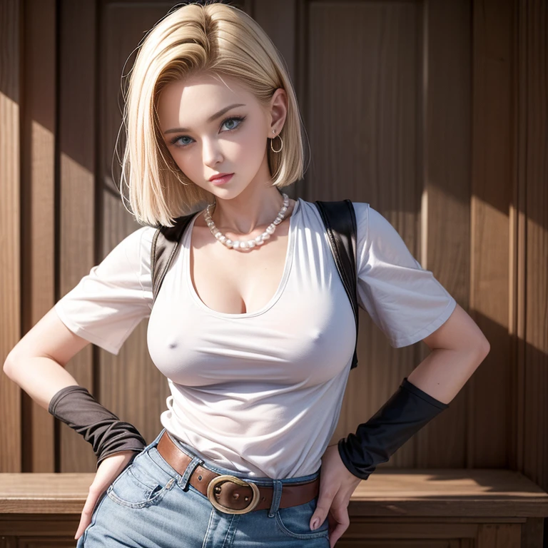 best qualtiy、Hi-Res、and18、1 girl、Android 18、solo、blonde  hair、narrow, blue eyes、a belt、JINS、Pearl Necklace、A bracelet、Black Gloves、white  shirt、short-hair、shortsleeves、earrings、Blue Pants、Open Best、Black vest, Colossal tits, cowboy  shot, Street, Straight,Put your hands on your hips