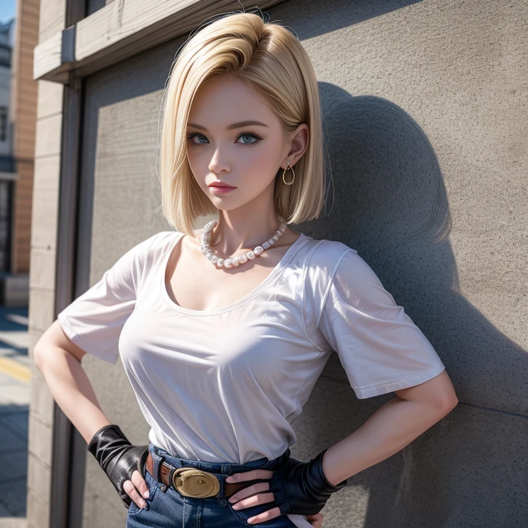 best qualtiy、Hi-Res、and18、1 girl、Android 18、solo、blonde hair、narrow, blue eyes、a belt、JINS、Pearl Necklace、A bracelet、Black Gloves、white shirt、short-hair、shortsleeves、earrings、Blue Pants、Open Best、Black vest, Colossal tits, cowboy shot, Street, Straight,Put your hands on your hips