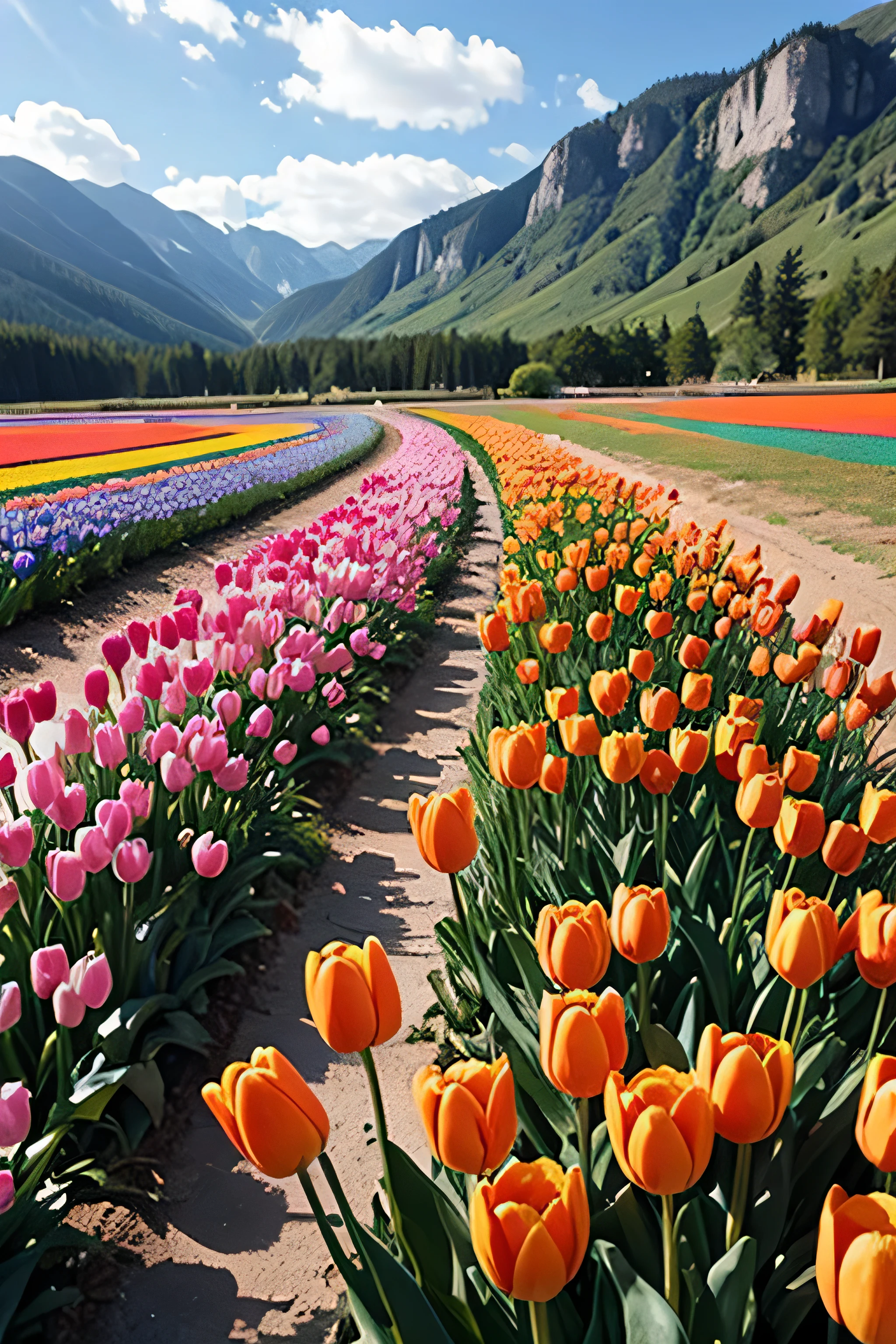 Tulips are blooming both in the mountains and on the plains..，row by row，One by one，The plains are full of tulips，overlook，far off，real photos，Colorful Colorful，Colorful real photos