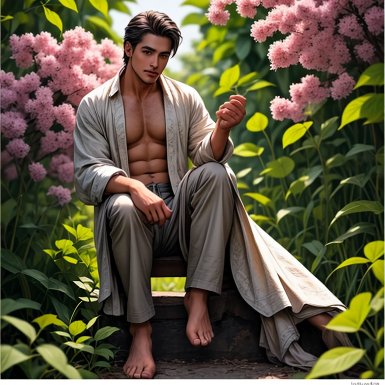 tmasterpiece，ln the forest，Dark night，It's raining，Real raindrops，Handsome face，short detailed hair，black color hair，Wheat-colored skin，Translucent white thong，No tops，Naked upper body，chest muscle，Abs，The crotch protrudes，Protruding ，white legwear，Short socks，sitted --auto