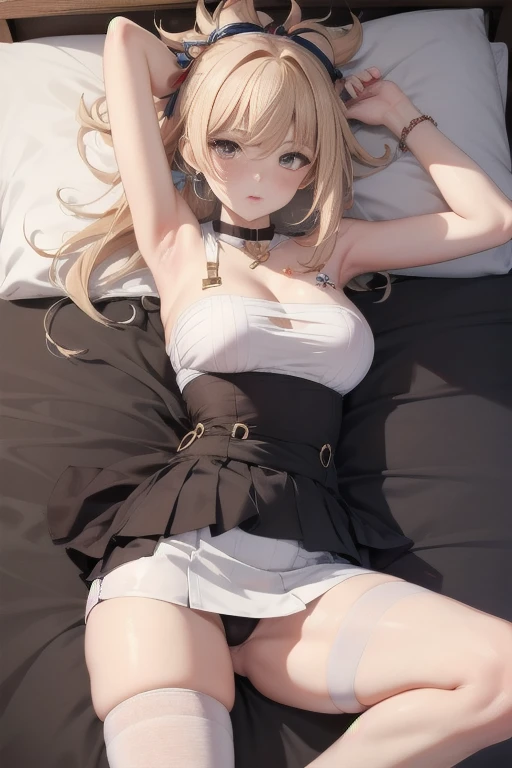 top quality,8K,one girl,Yoimiya,despise,half-closed eyes,blush,open mouth,shoulder,Thin face,face focus,face to the viewer,lying down,Lie flat on the bed,Aerial Photography,Full body like,(long and beautiful leg:1.5),Clear face,Exquisite facial features,sexy,sailor suit ,Super short skirt,white half pantyhose,mini skirt, navel exposed sailor suit, See-through sailor suit