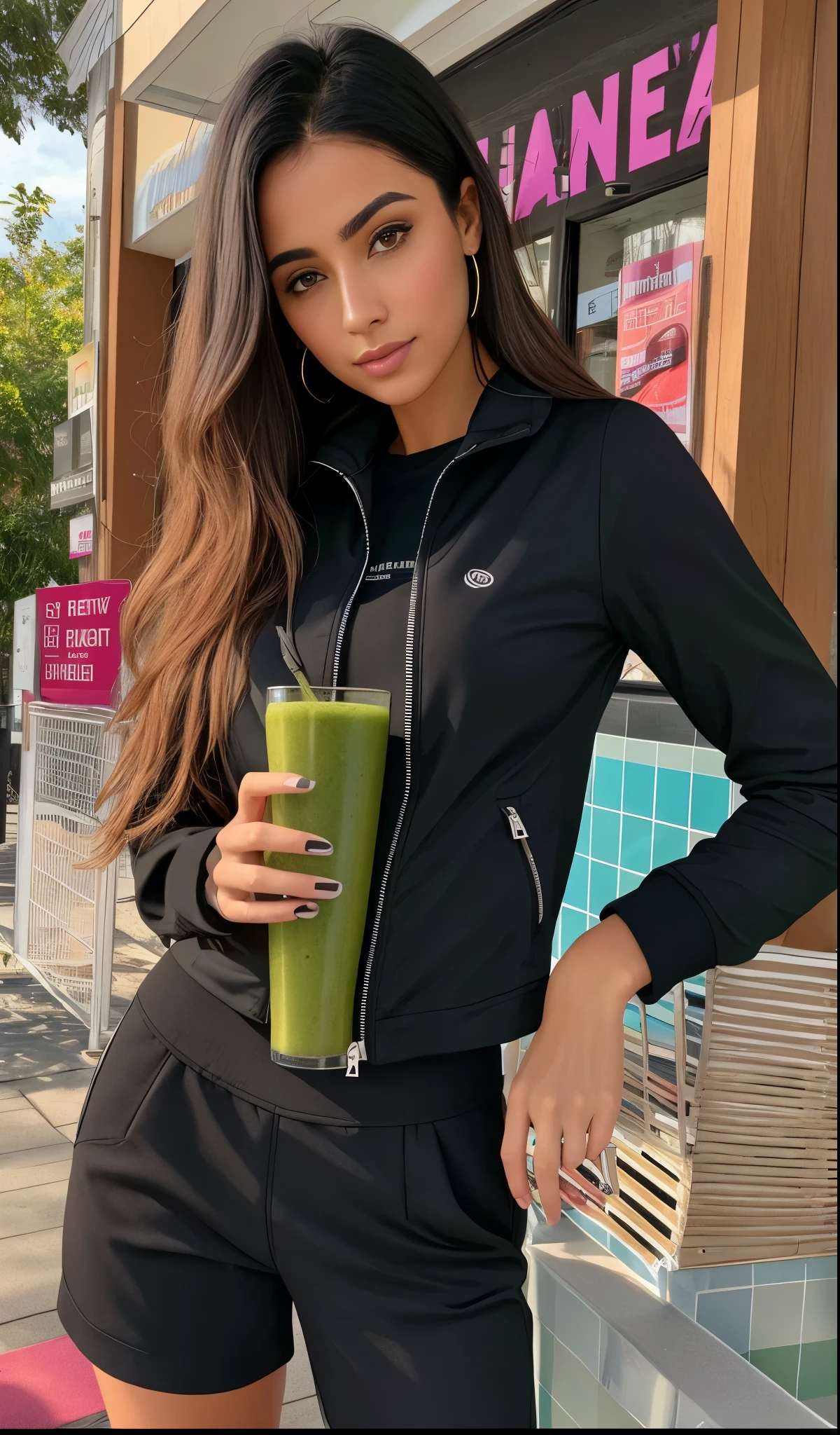 woman in preto jacket and shorts holding a glass of green smoothie, Marischa Becker, inspirado em Ion Andreescu, malika favre, looks like fabiula nascimento, roupa apertada, imagem de perfil, preto, preto outfit, two piece workout clothes, serena malyon, wearing preto tight clothing, camisa cropped com jaqueta, Senhora deslumbrante, Victoria Gavrilenko