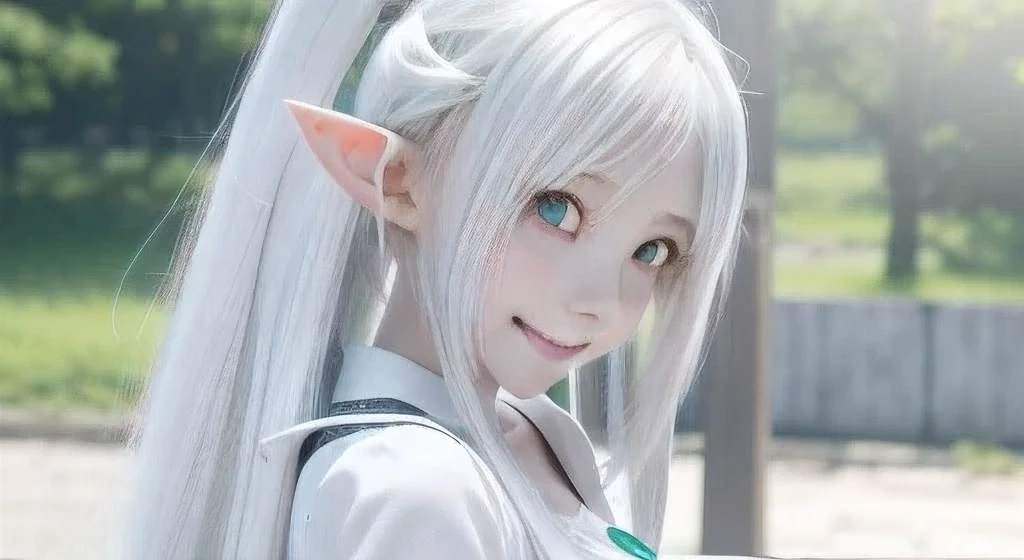 Anime girl with long white hair and green eyes wearing a white shirt, she has elf ears and gold eyes, Elf character with a grin, white haired god, Cute girl anime visual, female anime character, Today&#39;s featured anime is still, best anime character design, anime character, Anime visual of a young woman, Close up of young anime girl