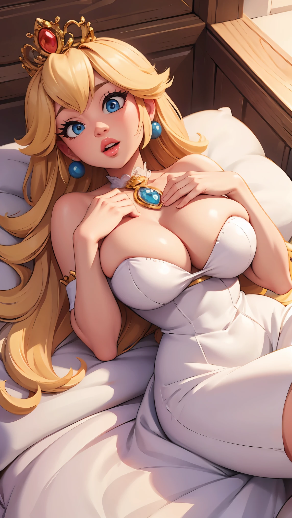 ((masterpiece)), ((best quality)), (detailed), perfect, solo, peach, gorgeous woman with wedding dress, luscious lips, long hair, huge breast, deep cleavage, huge breasts, sexy, lying down