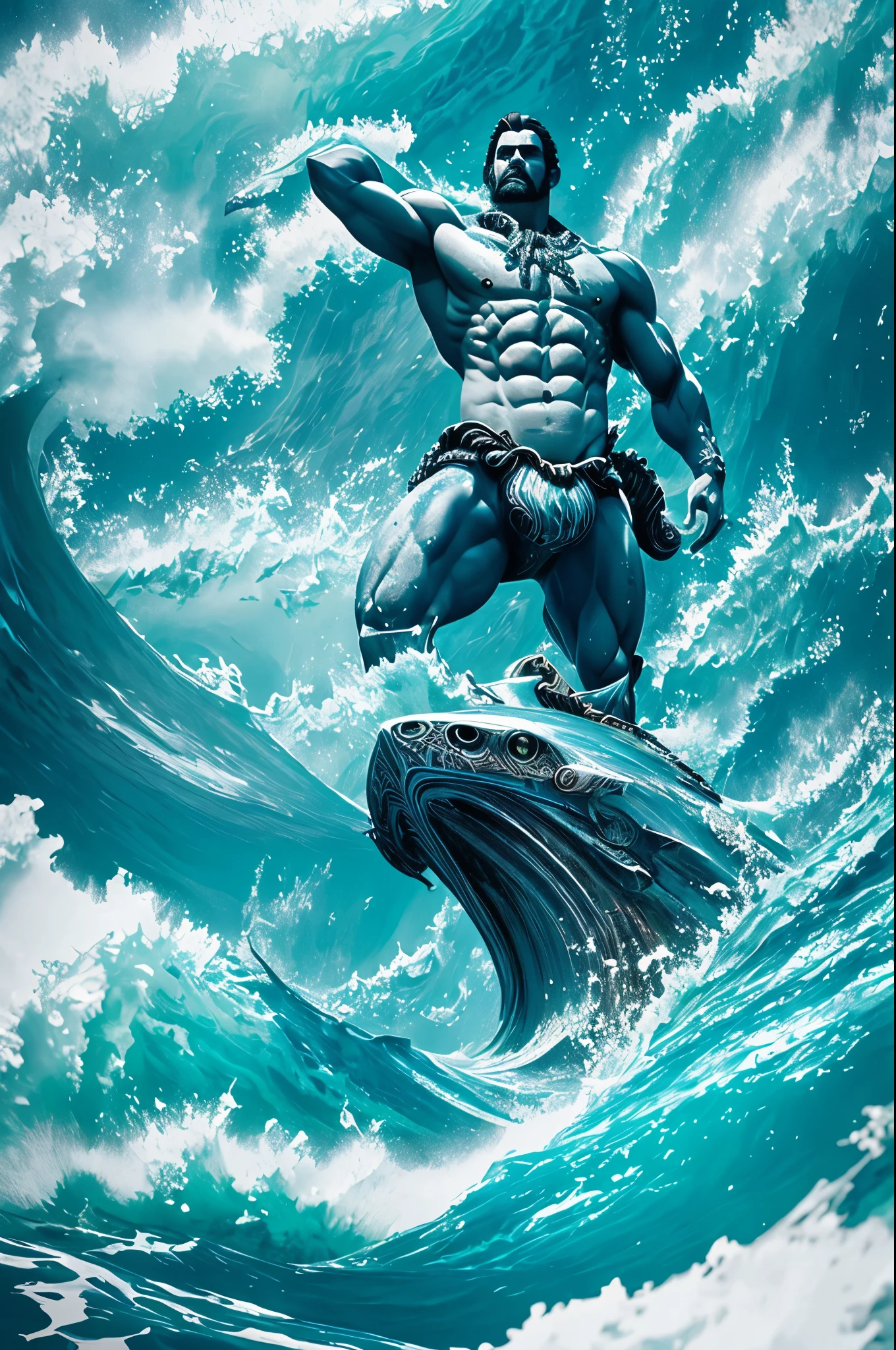 Majestic Poseidon, the ruler of the vast oceans and turbulent seas, is depicted in this breathtaking masterpiece. With his muscular physique and powerful figure, he commands respect and awe. The intricate details of his sculpted body are captured in ultra-high resolution, every ripple and contour crisply defined. His trident, a symbol of his dominion over the sea, glints menacingly in the sunlight.
Beside him, a myriad of sea monsters rise up from the depths of the ocean. Their bodies, a stunning blend of realism and fantasy, are brought to life through meticulous HDR and detailed highlights
