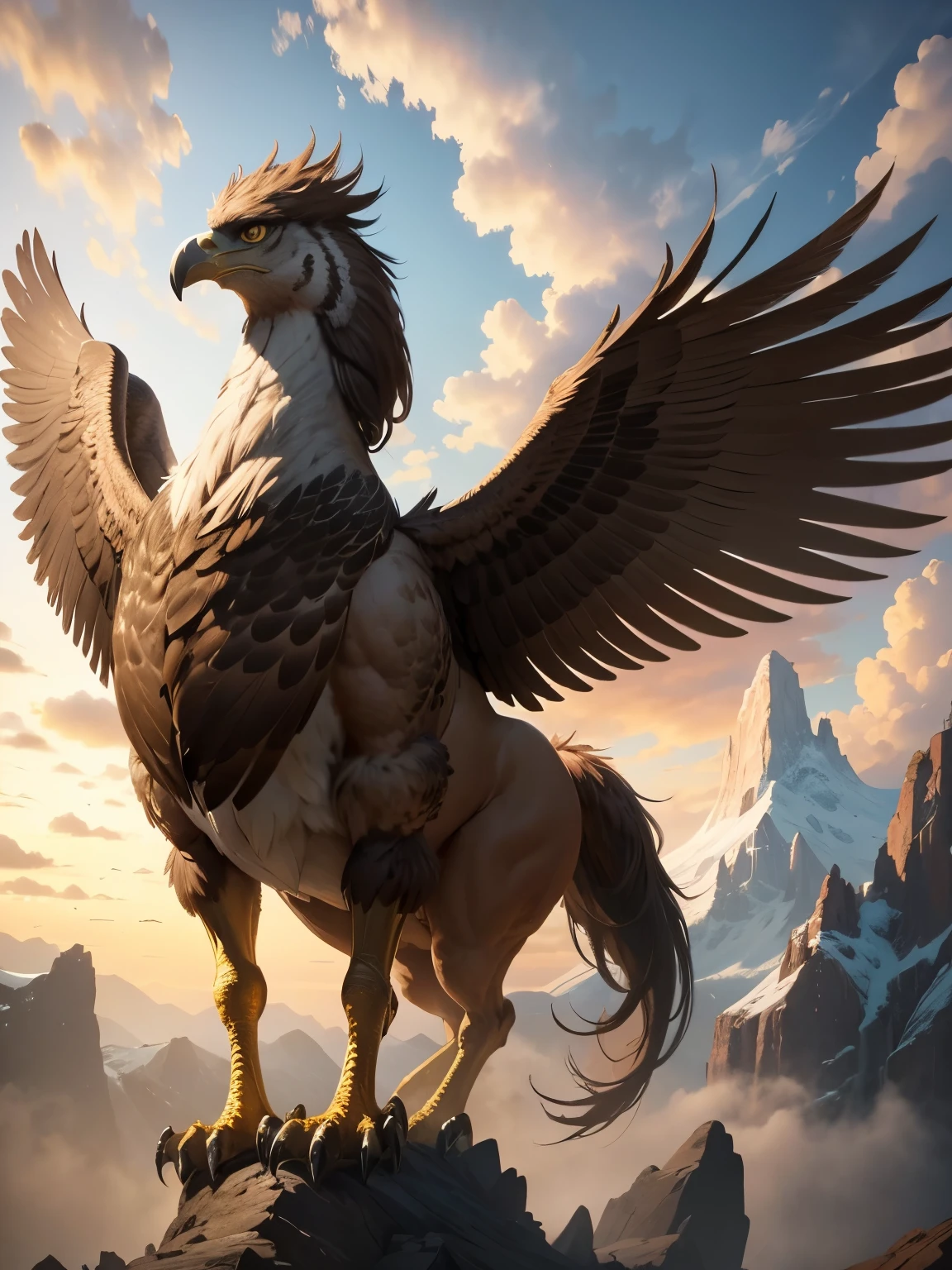 griffin, mythical beast, four legs, two wings, horse body, covered in feathers, brown feathers, hawk head, ultra detailed, high quality, 8k resolution