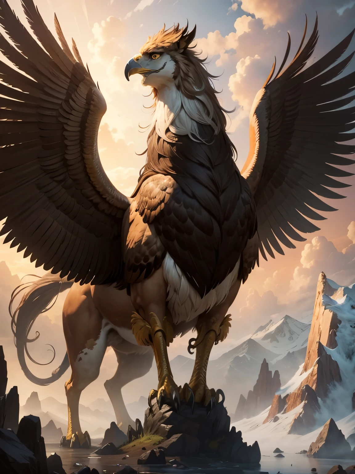 griffin, mythical beast, four legs, two wings, lion body, covered in feathers, brown feathers, hawk head, ultra detailed, high quality, 8k resolution