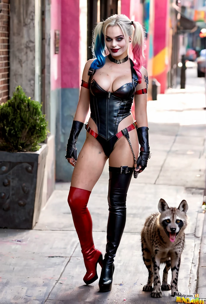 full length image, from the film realistic photo very realistic detailed beautiful face blue and pink white and black hair Margot Robbie as Harley Quinn in a vampire costume , she has fangs like a vampire's blood flows, (Gorgeous very large breasts), standing on the street in the city next to her is a huge Hyena Hyena , 3d , very detailed, detailed photo ,gorgeous immersive composition and lighting , 8 thousand. , masterpiece