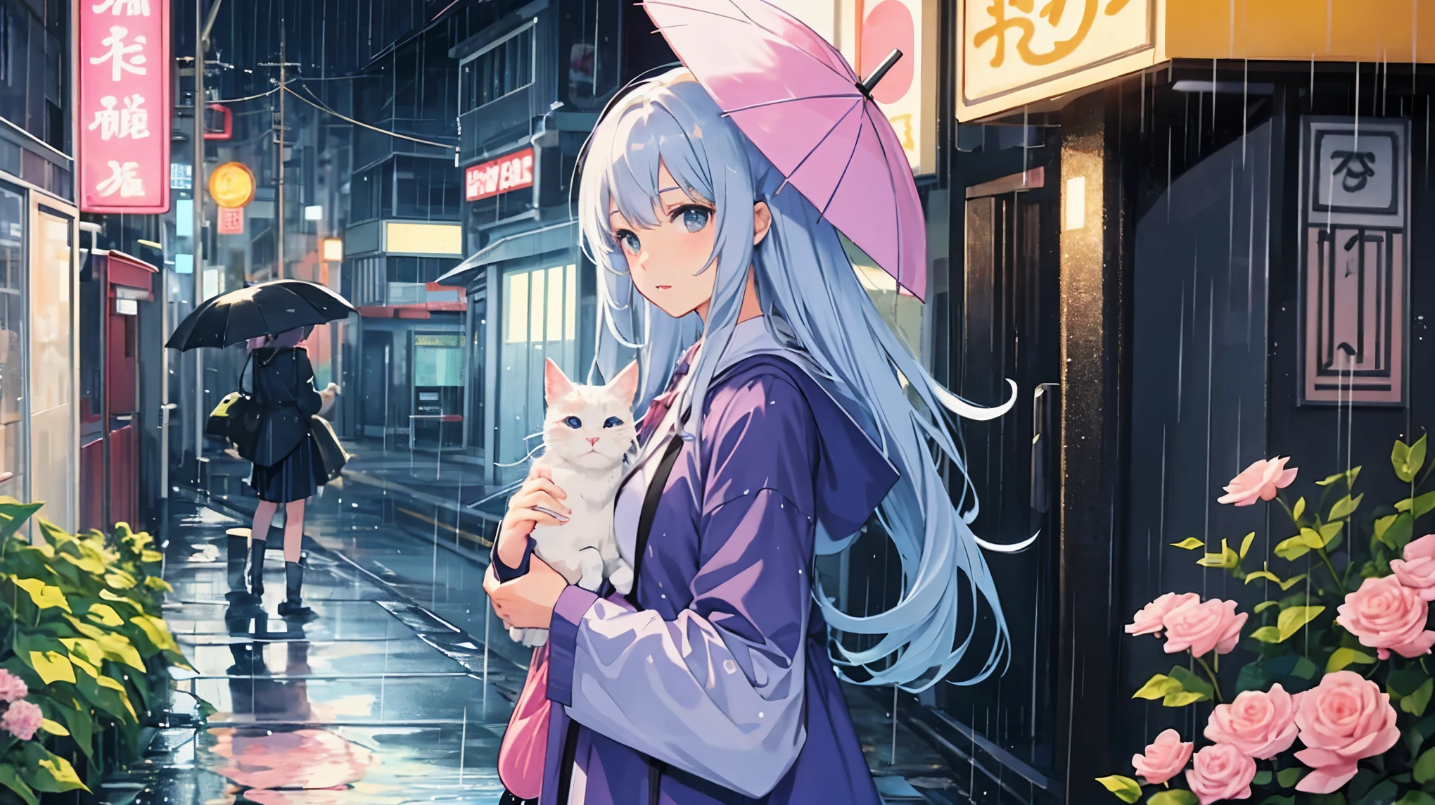 Anime girl with umbrella and cat in the rain、Cute girl anime visuals、anime girl profile、highest quality、1 beautiful woman、35 years old、s、35mm Lens