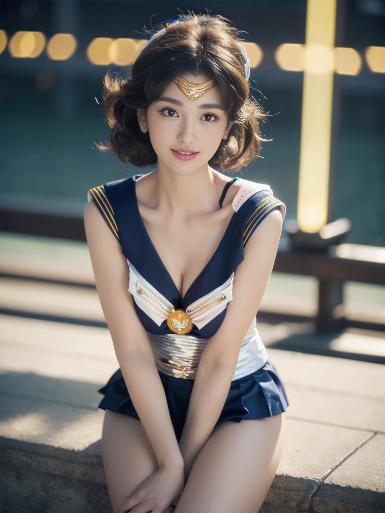 ((((Highest quality))))、(((Ultra Precision Wallpaper CG16K)))、(((Masterpiece)))、(((very detailed)))、(((Extreme details)))、one woman、mature woman、25 year old woman、((Japanese face))、((very beautiful face))、((assist々Kiki:1.8))、((Sailor Moon hairstyle:1.2))、(curly hair)、Brush until the eyebrows.、beautiful blonde,、Delicate, beautiful eyes、brown eyes、high nose、small nose、seductive lips、Open your mouth slightly.、beautiful breasts、Breast size C cup、Breast cleavage、plump body、perfect proportions、perfect anatomy、Beautiful and detailed shading、beautiful natural light、Beautiful details glow、depth of field、(((High Chroma)))、((realistically:1.9))、((bright:1.4))、((Beautiful skin))、((skin texture))、((ความรู้สึกผิวที่realistically))、perfect composition、((cowboy shoot))、((View from the front))、((smile:1.2))、(Staring into the eye)、แสงแดดbright、((starry background:1.2))、(blurred background)、((Sailor Moon outfit:1.5))、(glove)、(boots)、((thighs thighs thighs thighs:1.2))、golden hair