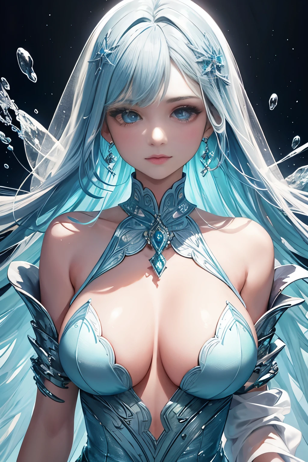 A stunning woman, with ice-blue hair cascading down her shoulders, gazes intently to the left. The intricately detailed scene behind her is set against an ice background, with shimmering ice formations and a soft, ethereal glow. The realistic CGI rendering accentuates every curve and contour of her beautiful features, and the top light illuminates her face, casting a gentle, otherworldly aura.