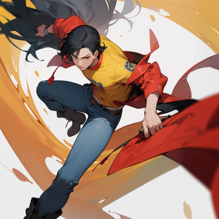 ((highest quality)), ((masterpiece)), (be familiar with), anime,youth,male,black hair,Triumphant look,jeans,red jacket,yellow t-shirt,action,boots