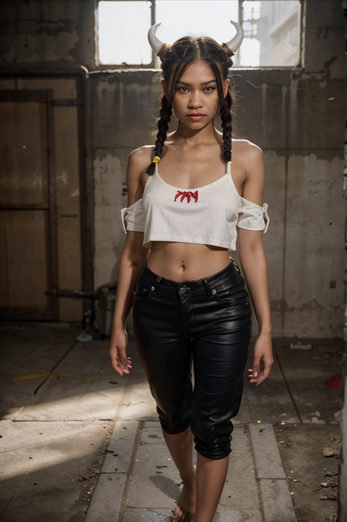 Zendaya, young devil woman, red skin, small white horns on her head, yellow glowing eyes, dark blue hair with a short bangs and long braids, photorealistic, full body, black pants and top, bare feet hyperrealism, 8k