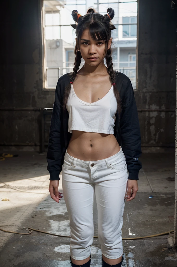 Zendaya, young devil woman, red skin, small white horns on her head, yellow glowing eyes, dark blue hair with a short bangs and long braids, photorealistic, full body, black pants and top, bare feet hyperrealism, 8k