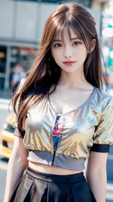 (8K, Raw photo, best quality, muste piece:1.2), (Reality, photorealistic:1.37), ultra high resolution, 1 girl, 18 years old, (Idol type:1.4), (famous actress :1.4), (beautiful detailed face:1), bangs, (multicolor floating hair), skin dentelation, Makeup is light, (beautiful big breasts:1.3), (sparkling skin:1.1), shiny skin, long limbs, slim, hanging chest:1.3, narrow waist, medium hips, slim legs, slim太もも, dynamic lighting, a face that suggests something sexual, Shiny texture, Lipstick, V-shaped eyebrows, V line jaw, Looking at Viewer, (long hair:1.3), (perfect face:1.4), ((strong wind)), flowing hair, audience, (shy smile:1.3), blue sky, (((Monte Carlo Street Circuit))), (((racing car))), (((Racing Bike))), ((promotion girl:1.3)), ((grid girl:1)), pink lip, Makeup is light, (Detailed promotional costumes are intricately worn:1.10), lace up boots, short sleeves, cropped tops, ((short jacket:1)), (tube top bra:1), knee high, (((Nylon short sleeve jacket with many logos))), (Glitter long nylon pleated skirt with logo), small ass, ((promotional wear with logo:1.3)), (((Shiny silver and metallic gold glitter promotional wear))), fingerless gloves, black hair, brown hair, red hair, eyes are blue, (sweat drop:1), (dynamic angle), walking, audience,