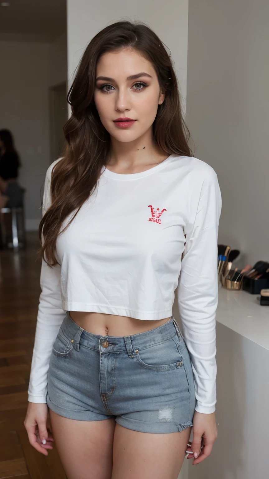 lucy pinder, smiling, ((very intense makeup)), ((natural Lipstick)), voluptuous, long hair, blonde hair, wavy hair, long-sleeved t-shirt, white t-shirt, black jeans.