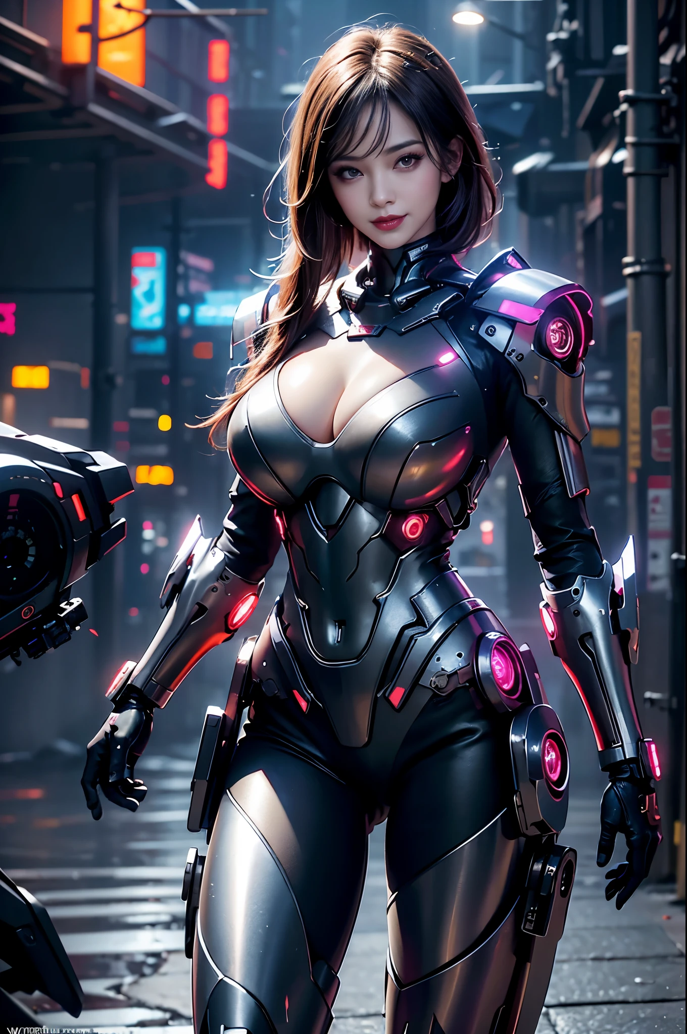 1girl,solo,(bright red lips,eyeliner,blush:0.9),huge breasts,(sagging breasts),happy,smile,looking at viewer,nsfw,pose,cowboy shot,dynamic pose, mecha,full armor,cyberpunk city night,dark theme,rim lighting, masterpiece,official art,best quality,ray tracing,volumetric light,realistic,photorealistic,ultra highres,vivid,nostalgia,bokeh,